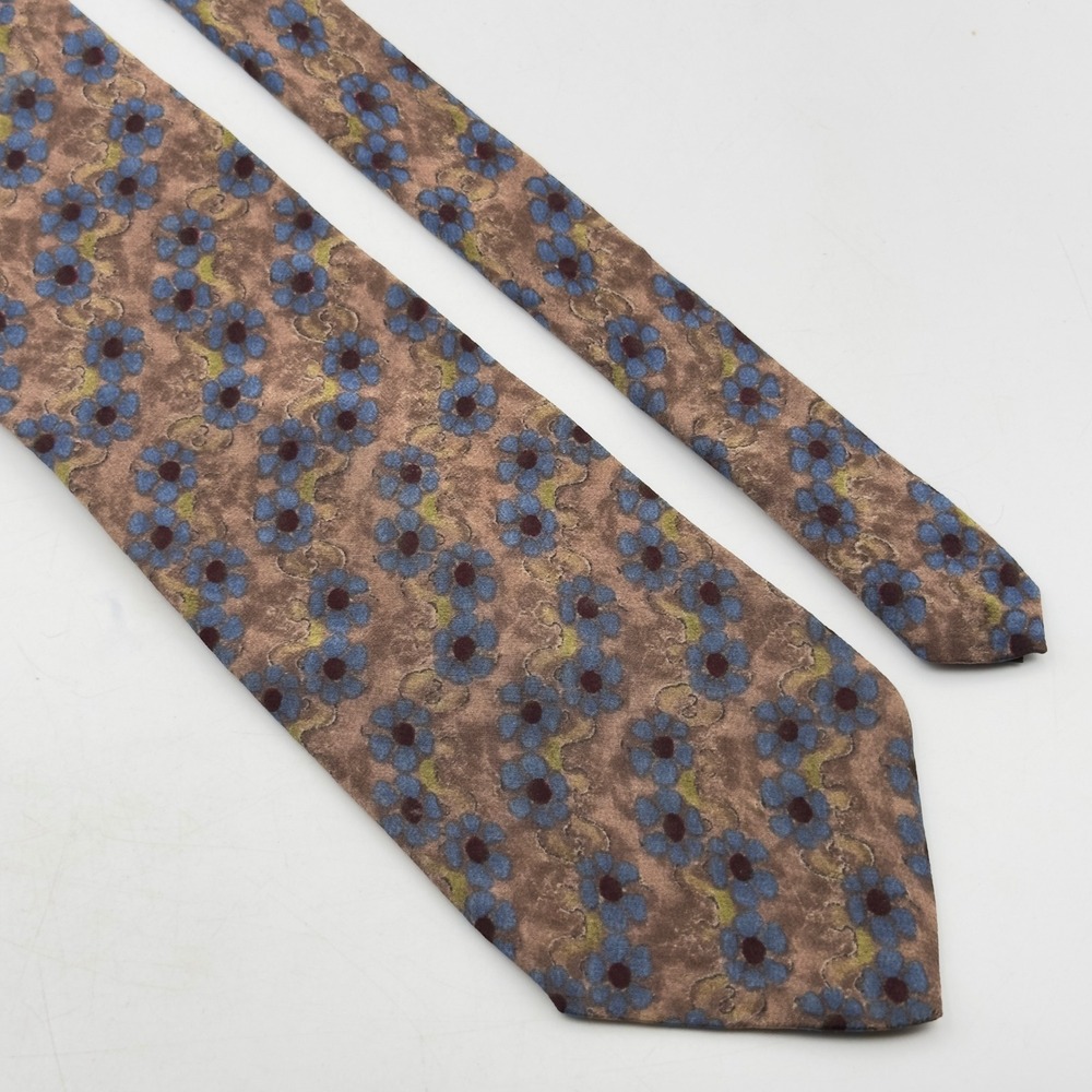 J. Garcia Mens Silk Necktie Brown Blue Floral Art Print Classic Wide Tie RN62830